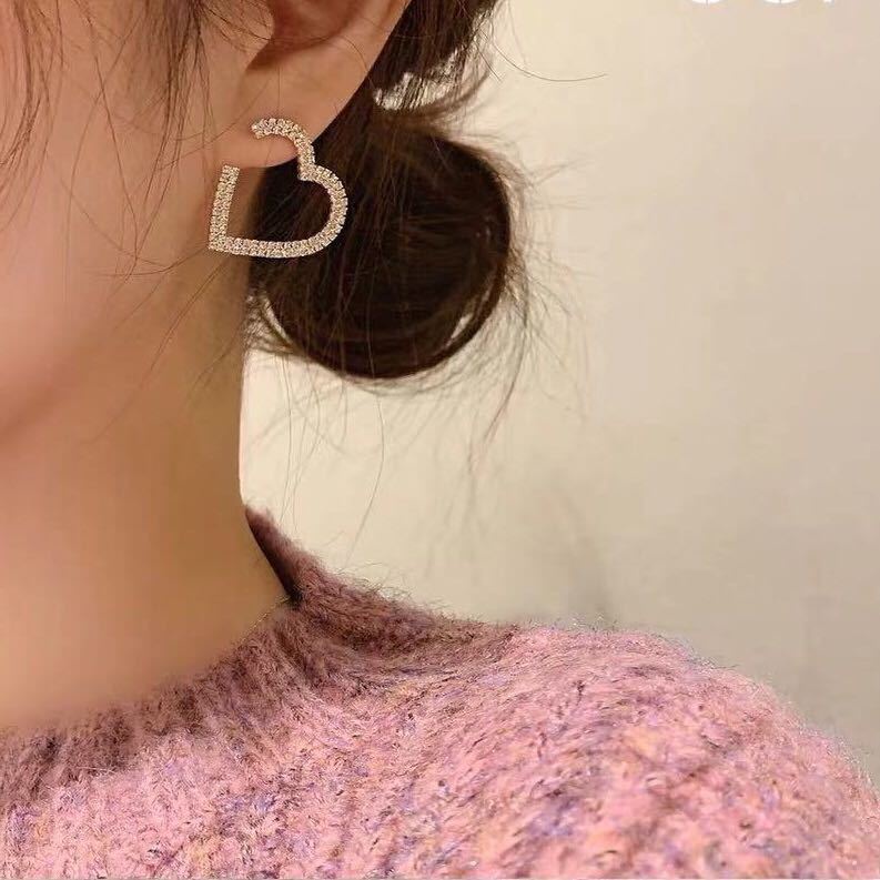 Sterling silver jarum gaya Korea peri temperamental penuh berlian bersinar cinta hati anting-anting