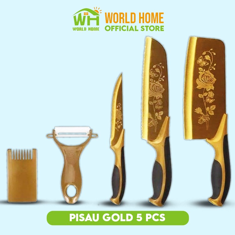 WHI Pisau Dapur Set Talenan Dapur Lengkap Dengan Pisau Dan Peeler 5 In 1 Pisau Gold Serbaguna