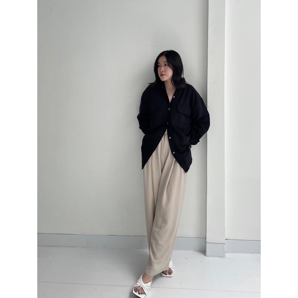 SIVALI Kemeja Oversize Linen Wanita Double Pocket | Linen Shirt - Atasan Lengan Panjang 3304