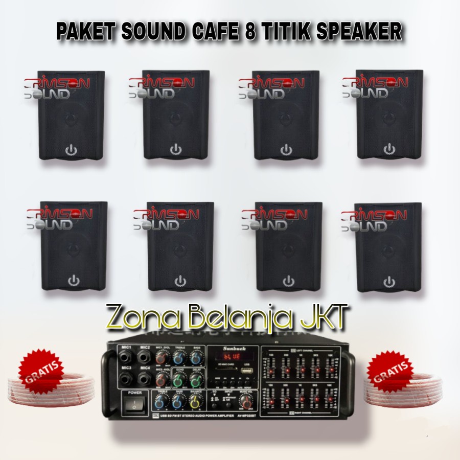 PAKET SOUND SYSTEM SPEAKER CRIMSON 4 INCH 8 SPEAKER CAFE RESTO KLINIK PANGGILAN AMPLI USB BLUETOOTH