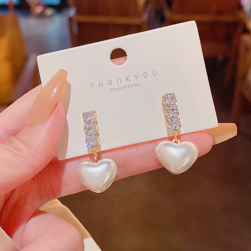 Anting Tusuk Sterling Silver 925 Desain Hati Hias Zircon + Mutiara Gaya Mewah Untuk Wanita