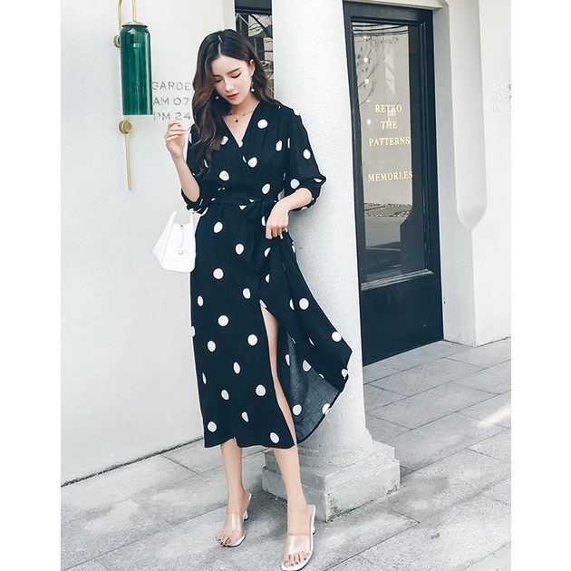 TASHAPPY BS008 Wrap Dress Maxi Black Polkadot Wanita Cantik Kekinian model korea supplier baju import