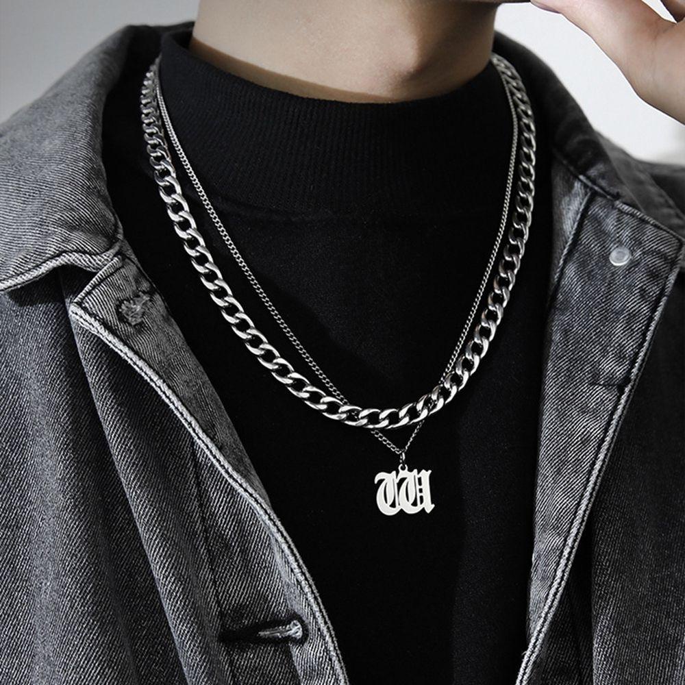 Needway   Kalung Baja Titanium Punk Keren Wanita Pria Sweater Rantai Double Layer Pasangan Kalung Gaya Korea Necklace