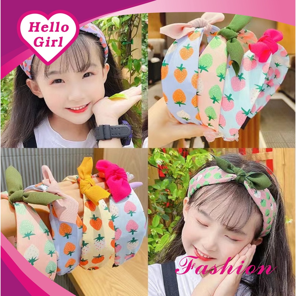 (Hello Girl)B19 Bando Anak Model Simpul Motif Strawbery Gaya Korea Import