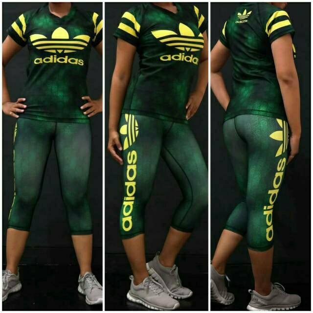 Setelan Baju SXB Adidas Green Corner Lengan Pendek Slim Fit dan Celana 3/4 Fitness Gym Sexy Senam Ae