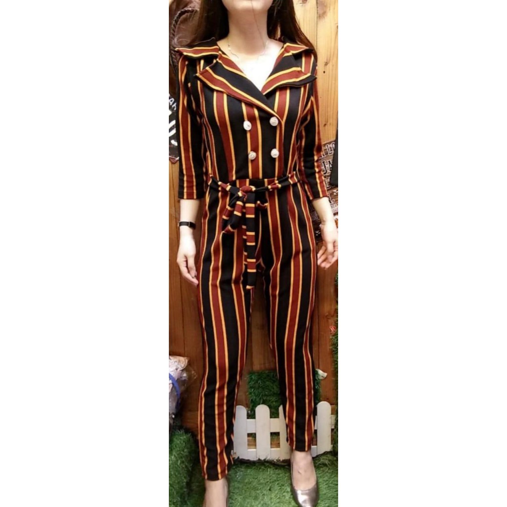 kathryn collection #010, Jumpsuit salur crepe super premium celana panjang tangan 3/4