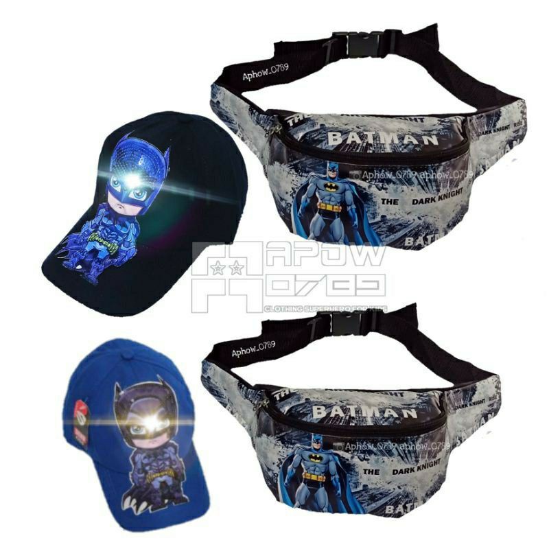 Tas selempang anak batman 2in1 tas waistbag anak batman + topi led anak