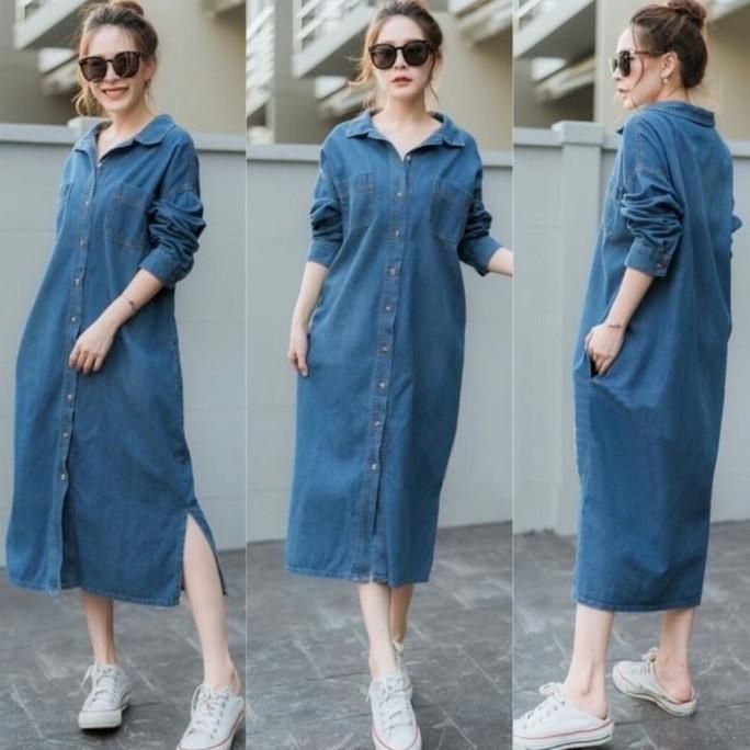 maxi dress denim dress wanita korea blue