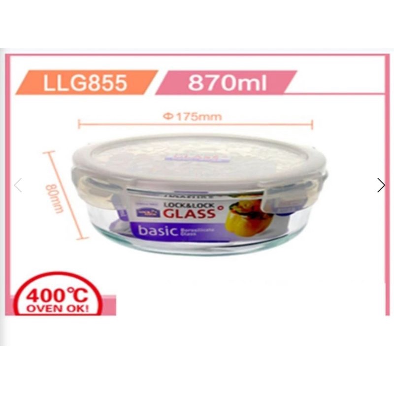 LLG855 - lock&amp;lock Heat Resist Air Tight Glass Round 870ML/Bulat Tahan Oven 870ML