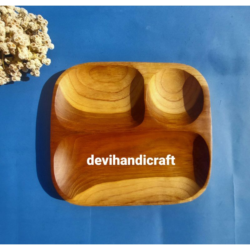 piring kayu/piring makan kayu/piring diet/piring makan kayu jati kotak sekat 3