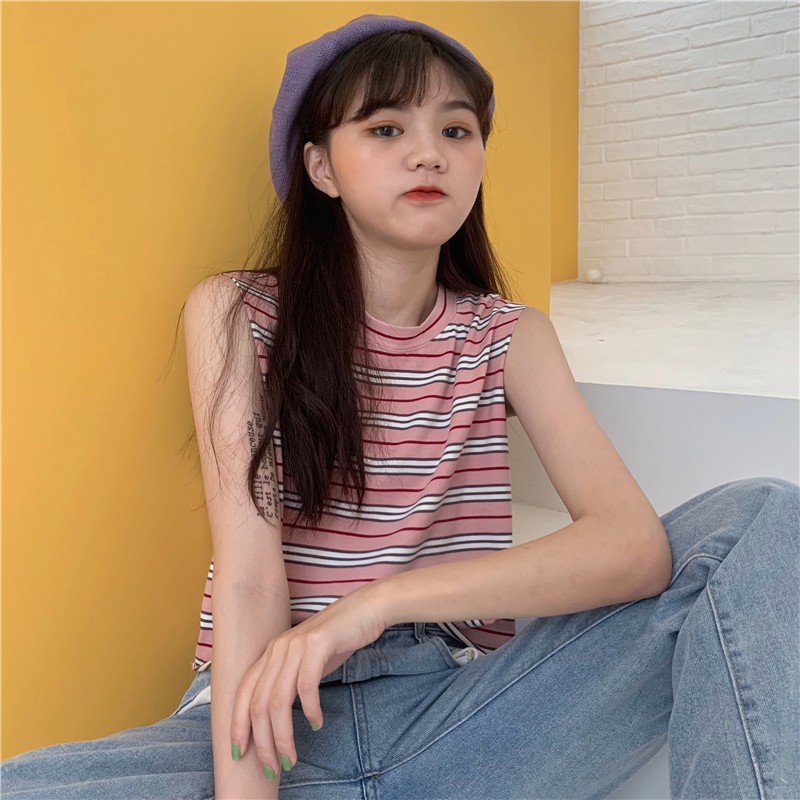 Baju Kaos Import Singlet Tank Top Striped Sleeveless Vest Wanita