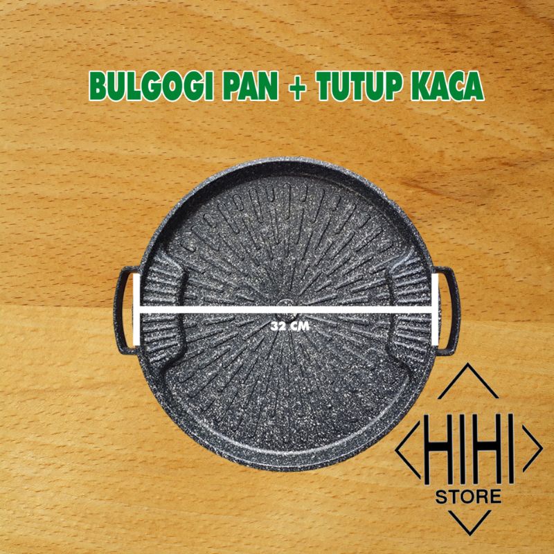 Panggangan Bulgogi 32cm Marble - Bulgogi Pan 32cm Grill Marble Panggangan BBQ + Tutup Kaca - Bulgogi Pan Anti Lengket