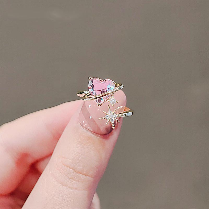 Cincin Lapis Emas 14k Bentuk Hati Aksen Zirkon Pink Model Terbuka Dapat Disesuaikan Untuk Wanita