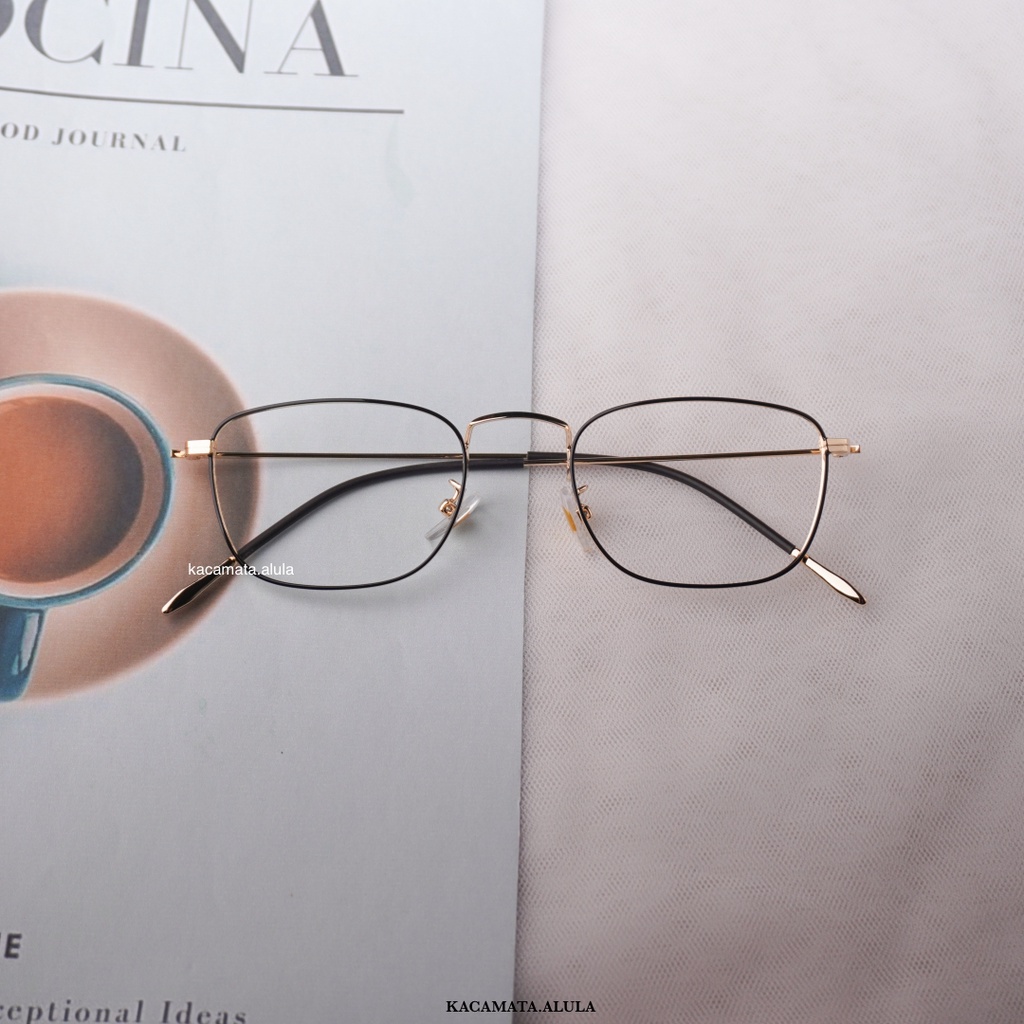 Gulos Kacamata Besi Ringan Kotak Wanita Pria - Kacamata Photocromic Minus Plus Antiradiasi Blueray-Hitam Emas
