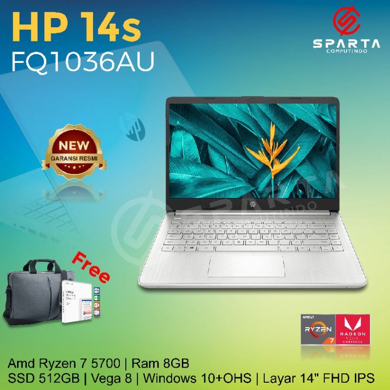 Laptop Murah HP 14s fq1036AU Ryzen 7 5700 RAM 8GB SSD 512GB Vega8 W10+OHS 14.0FHD IPS Blit