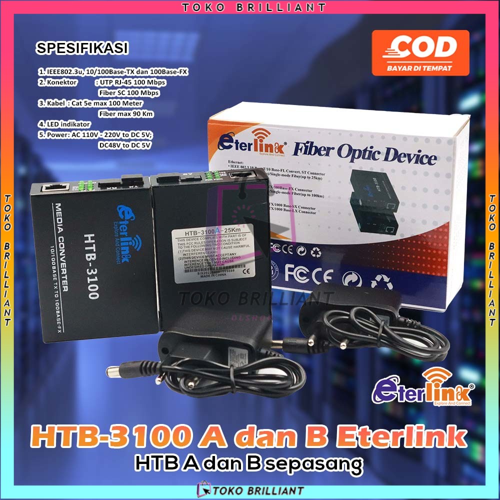 HTB-3100 Media Konverter Fiber Optik Single Mode dengan 5V 2A EU adaptor [Bayar ditempat]