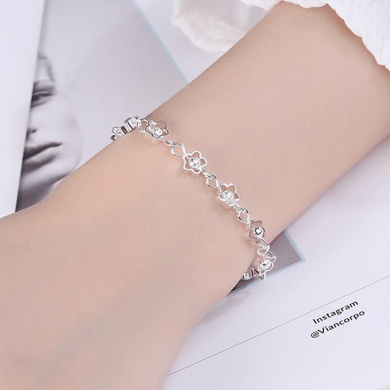 ￼925 Perak Gelang Wanita Berbentuk Hati Rantai Gelang Bunga Bintang Liontin Korea Fashion Hadiah Ula