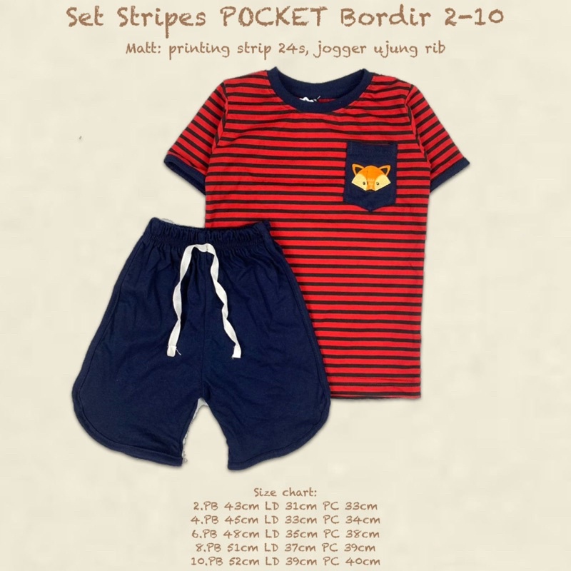 Setelan Anak Stripes Pocket Bordir Unisex 2-10 Tahun Original Kaos Super Premium Pakaian Anak Terlaris Termurah Best Seller