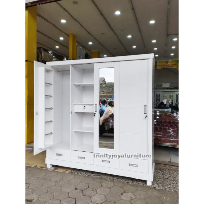 Lemari Pakaian Hijab 4 Pintu Sliding Kayu Teack Premium /trinityjayafurniture