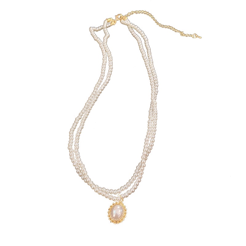 Roselife Retro Double Layer Baroque Pearl Beaded Oval Pearl Pendant Kalung Pendek Untuk Wanita Perempuan Pearl Necklace