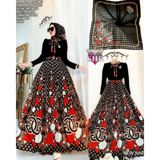 READY NEWW ORY SHR MAXI DRESS U REMPEL-Hitam bunga + krdg