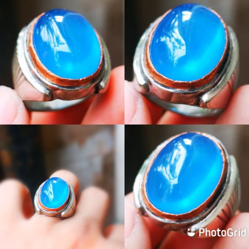 Cod Batu Akik Blue Spirtus Asli Natural / Biru Langit Ring Tanam Stainless