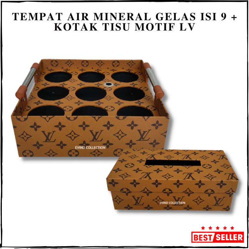 Keranjang Air Mineral Motif Isi 9 Cup + Tempat Tisu Kulit Sintetis Rak Aqua Gelas