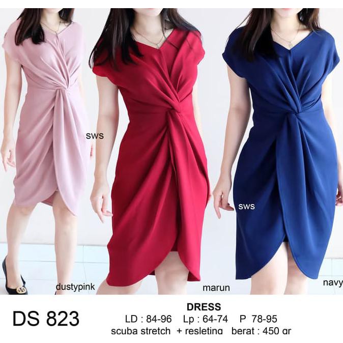 Termurah Seds823 - Dress Sepan Scuba Midi Knot Wanita Grosir Murah - Mustard