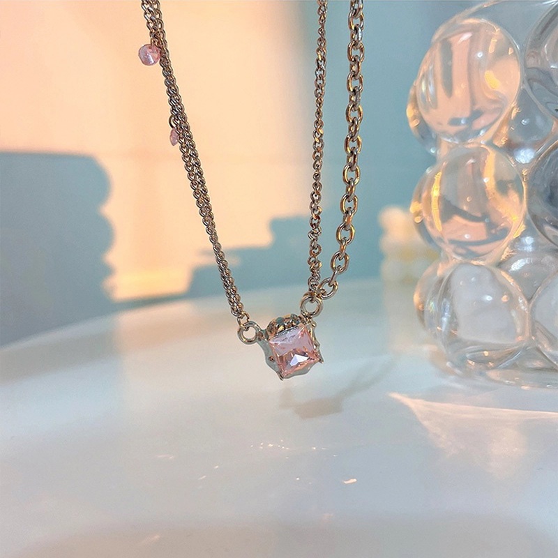 Kalung Rantai Klavikula Kristal Berlian Warna Pink Untuk Wanita