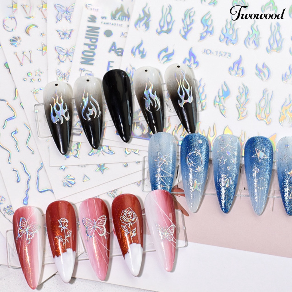 Twowood Stiker Kuku 2D Motif Hati / Bintang / Bunga / Kupu-Kupu Untuk Dekorasi Nail Art / Manicure DIY