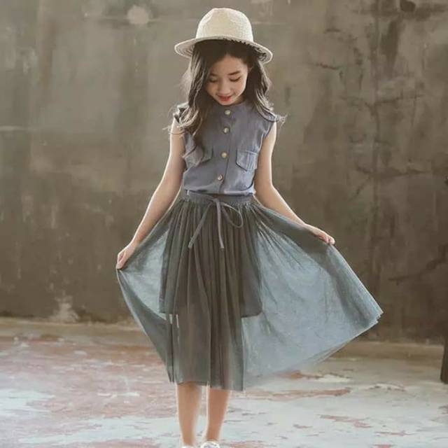DHS Set Setelan Anak Dress + Rok Plisket Import Elegan Sleeveles + Bowknot