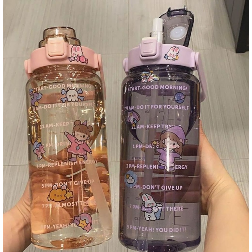 Botol Air Minum Motivasi Transparan Bening 2 Liter - Water Drink Motivation Viral+Sticker-Botol Minum Motivasi Penanda Waktu Viral Ukuran 2 Liter Bening Transparan