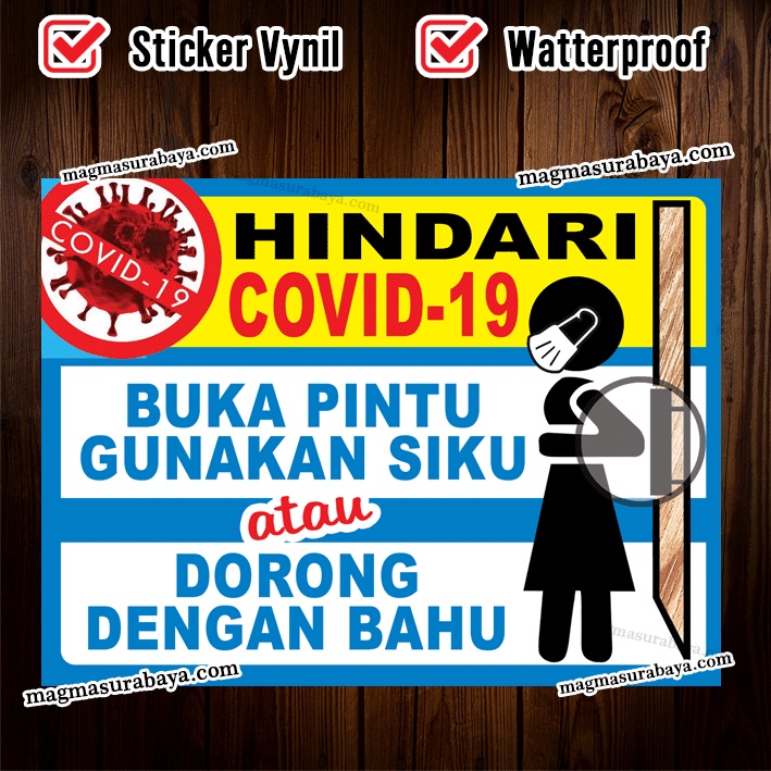 

stiker Hindari covid Buka Pintu Gunakan SIku atau Dorong dengan Bahu magma surabaya