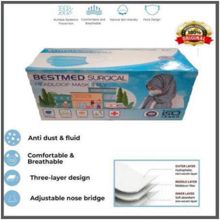 Masker Medis 3 Ply BestMed Surgical Mask Headloop Hijab Isi 50 Pcs/Box