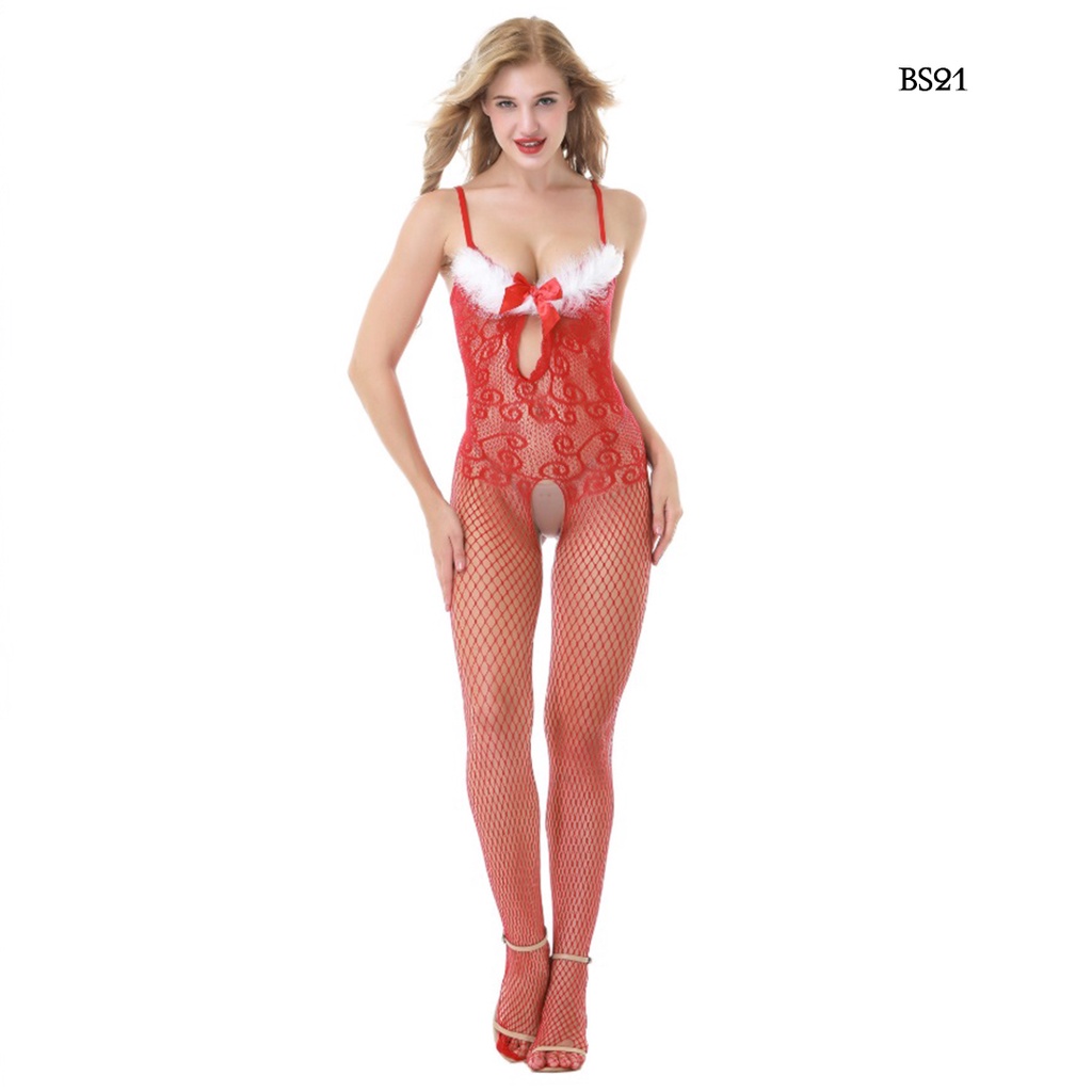 [ NEW ARRIVAL ] BODY STOCKING SEXY LINGERIE OPEN CROTCH MOTIF MERAH BS21