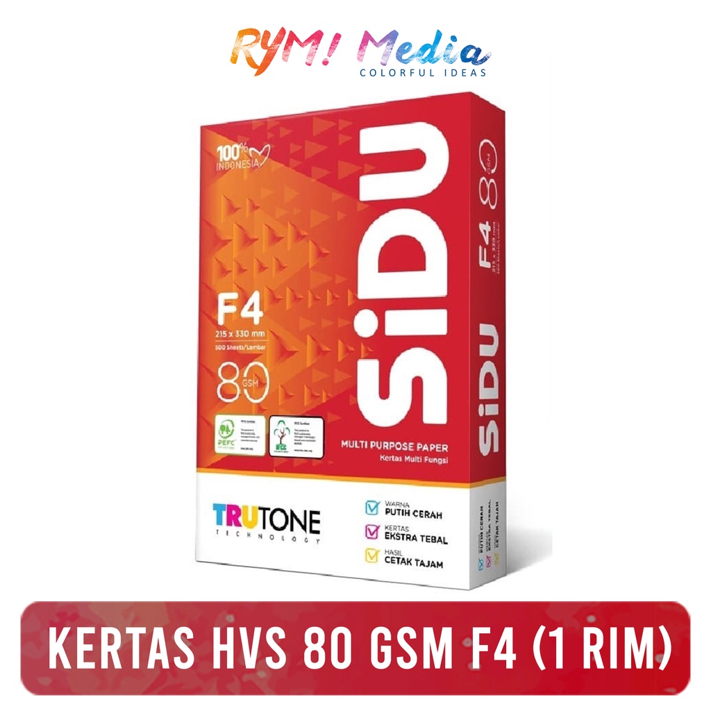 Kertas HVS 80 gsm F4 1 RIM - Kertas Fotocopy Print FOLIO Putih 500 lembar 80 gram SIDU Paperone Copy