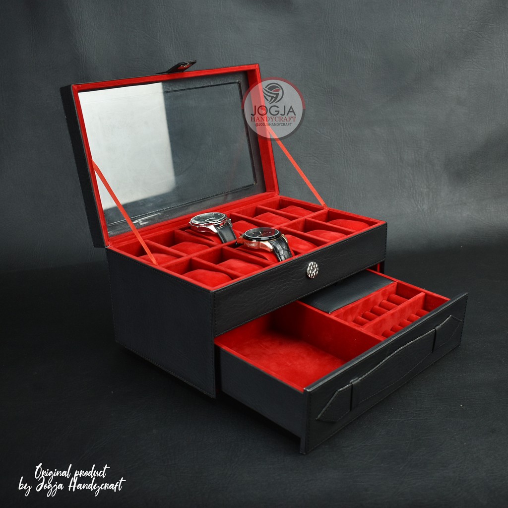 Black Red Kotak Tempat Jam Tangan Isi 12 Laci Perhiasan / Watch Box