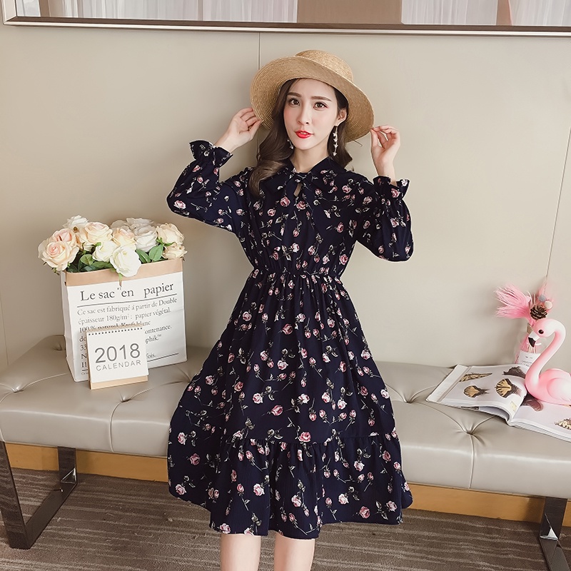 COD 2022 New Fashion Summer Merah Biru Tua Merah Wanita Midi Dress Korea Lengan Panjang Muslimah Motif Bunga Panjang Gaun