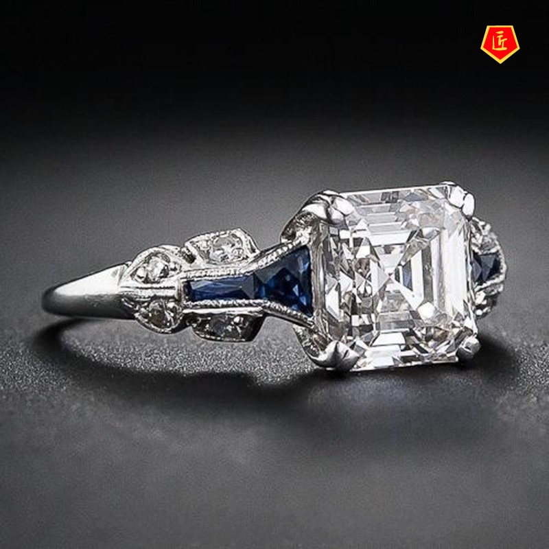 [Ready Stock]Irregular Trapezoid Square Diamond Topaz Sapphire Ring 925 Silver Fashion