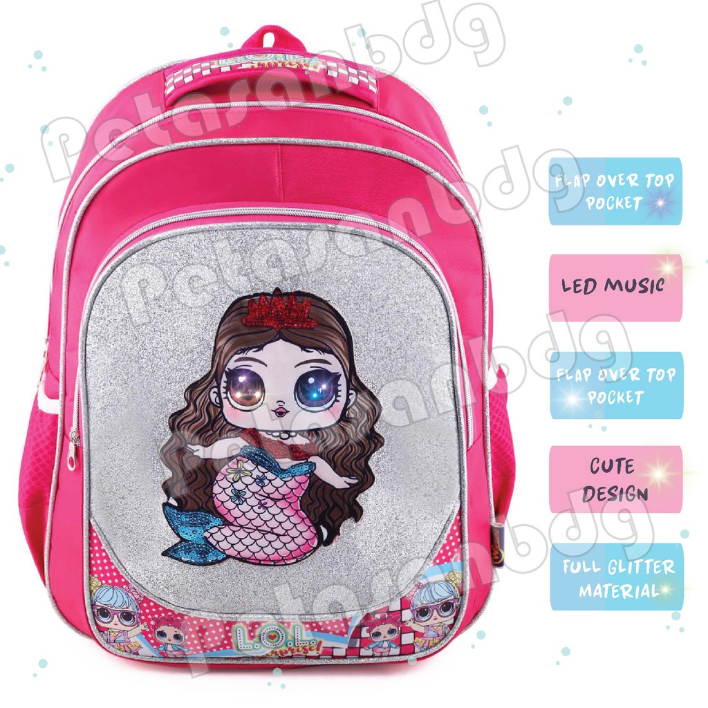 PTS - Ransel Sekolah Anak SD Perempuan Karakter LOL SURPRISE - Ransel Glitter LED MUSIC - MERMAID