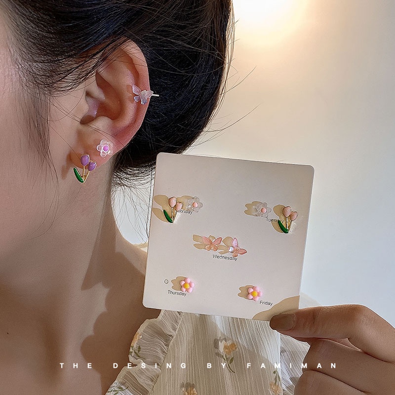 AY(CN) Set Anting Stud Desain Bunga Butterfly Warna-Warni Aksen Mutiara Bahan Keramik Gaya Korea Untuk Wanita