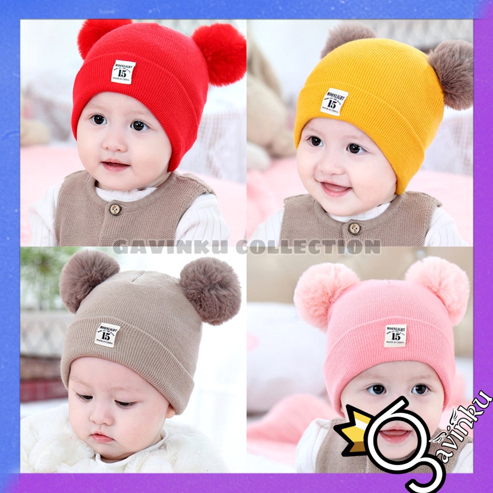 Topi Anak Laki Laki Perempuan Kupluk Bayi Model Pompom Moonlight 15 Usia 0 3 6 bulan umur 1 2 3 Tahun thn Motif Kucing Kelinci Karakter Lucu Rajut Musim Dingin