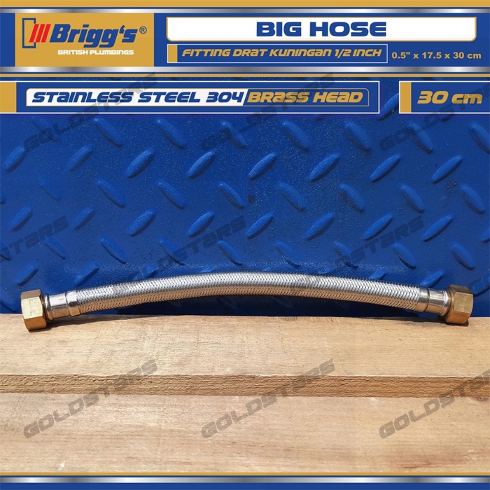 Selang Flexible Brass Head Stainless Steel Brigg's 1/2&quot; x 17.5 mm x 30 cm