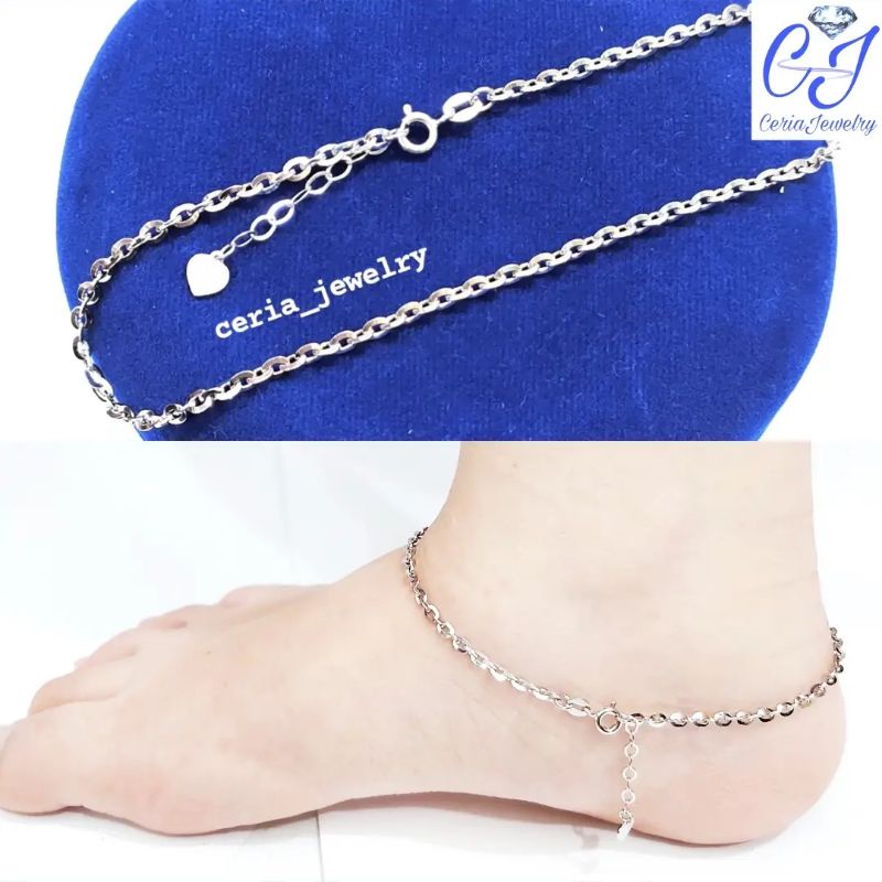 Gelang Kaki Perak Asli Silver 925 Lapis Emas Putih Model Nori Polos Padat dengan Ring Tambahan