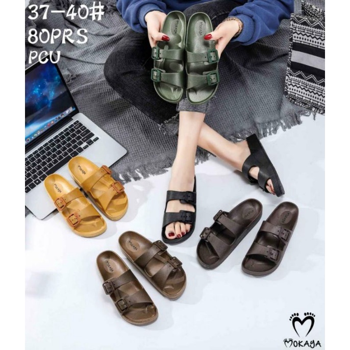 B-2177 Sandal Mokaya Wanita Slop Birken Gesper Karet Jelly 2177 Sendal Selop Slide Import Novaya Cewek Perempuan Impor Ban Dua Silang 2 Cantik GSPR2172 Murah 2172 Kekinian B-2172 Elastic Elastis Empuk Elegan Kekinian Viral