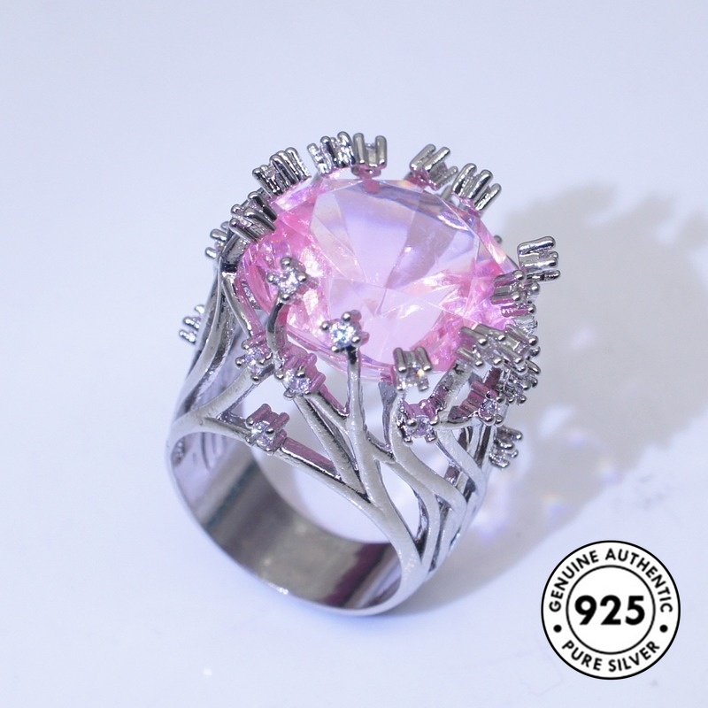 Cincin Sterling Silver 925 Dengan Kristal Warna Pink Untuk Wanita