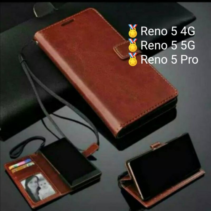 Oppo Reno5 Reno 5 pro 5G Leather Case Flip Cover Sarung Dompet Wallet Kulit Casing Case Book