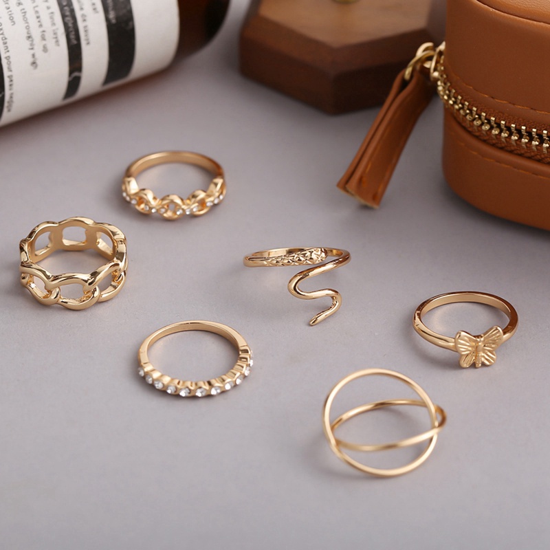 Fancyqube 6pcs / Set Cincin Model Terbuka Bentuk Ular Mawar Hollow Bahan Logam Gaya Retro Eropa Amerika Untuk Wanita