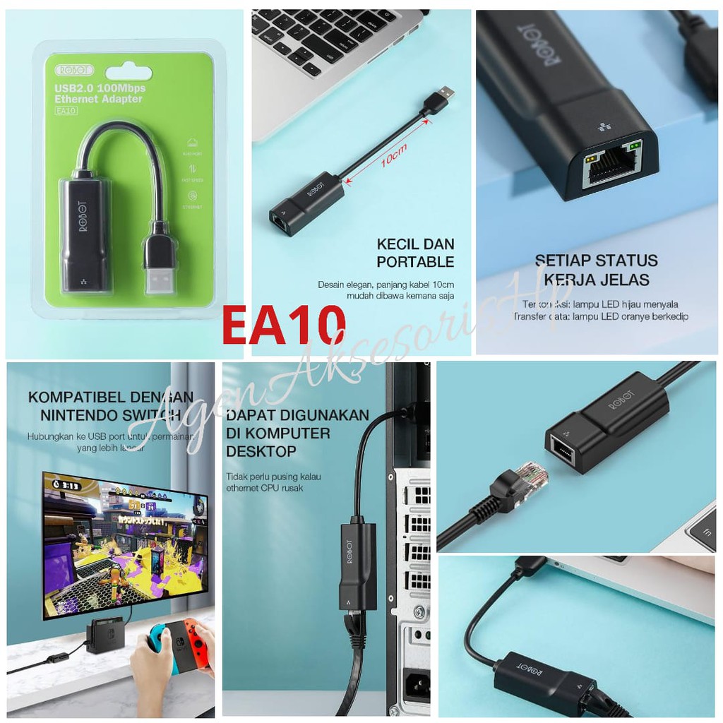 ROBOT EA10 USB Ethernet Adapter USB 2.0 to 10/100Mbs Network RJ45 LAN 100mm Green Light