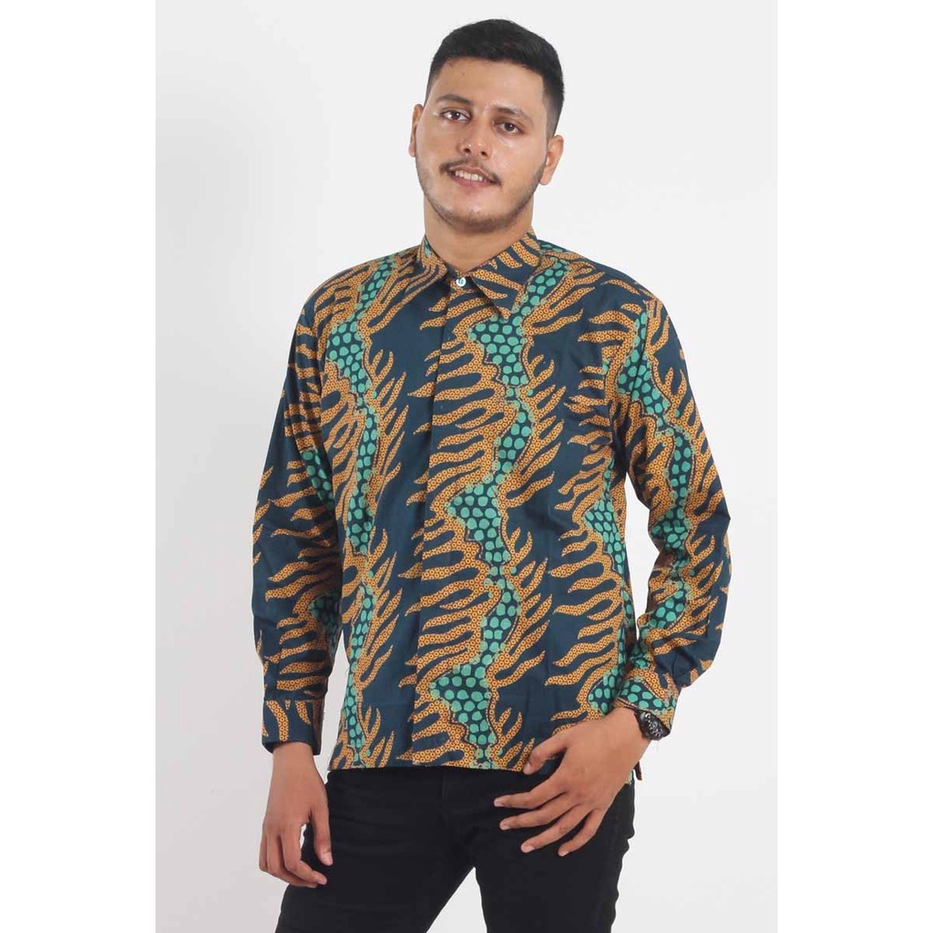 Kemeja Baju Batik Pria Lengan Panjang Cap Hitam Kuning Hijau Tanaman